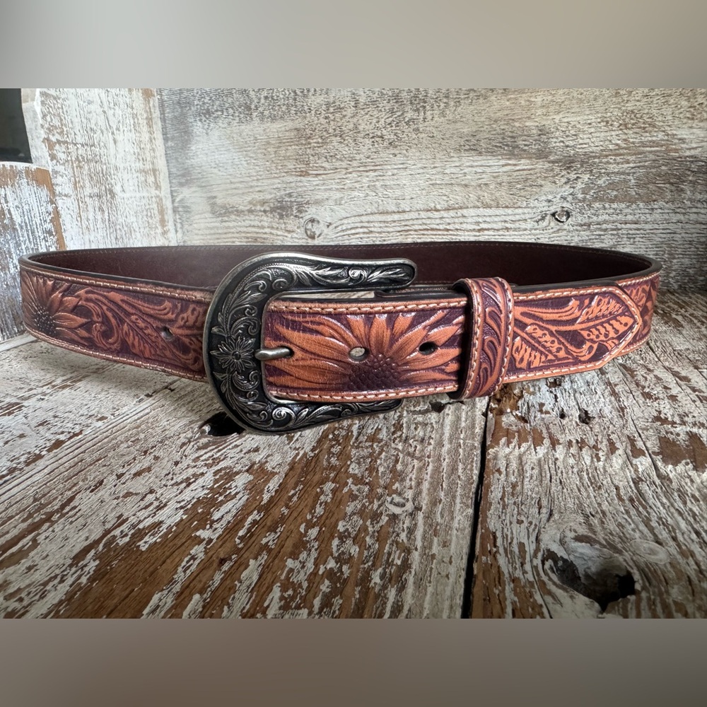 Nocona Tooled Sunflower Brown Leather Belt with Ornate Silver Tone Buckle